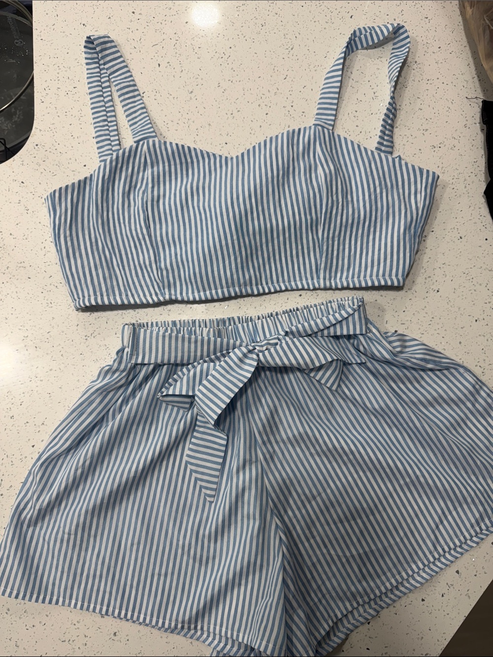 Striped Blue & White Two-Piece Crop Top and Shorts Set